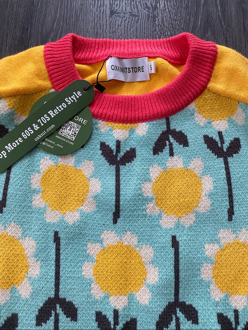 Oxknit Women's Floral Crewneck Sweater in Yellow & Teal - Picture 2 of 9